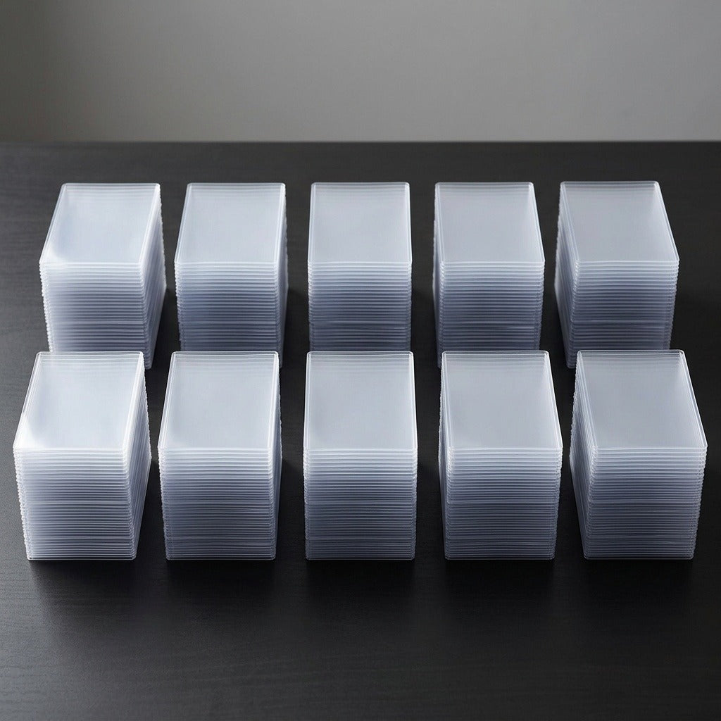 Ten stacks of clear plastic card sleeves or protective cases arranged in two rows on a dark surface against a gray background.