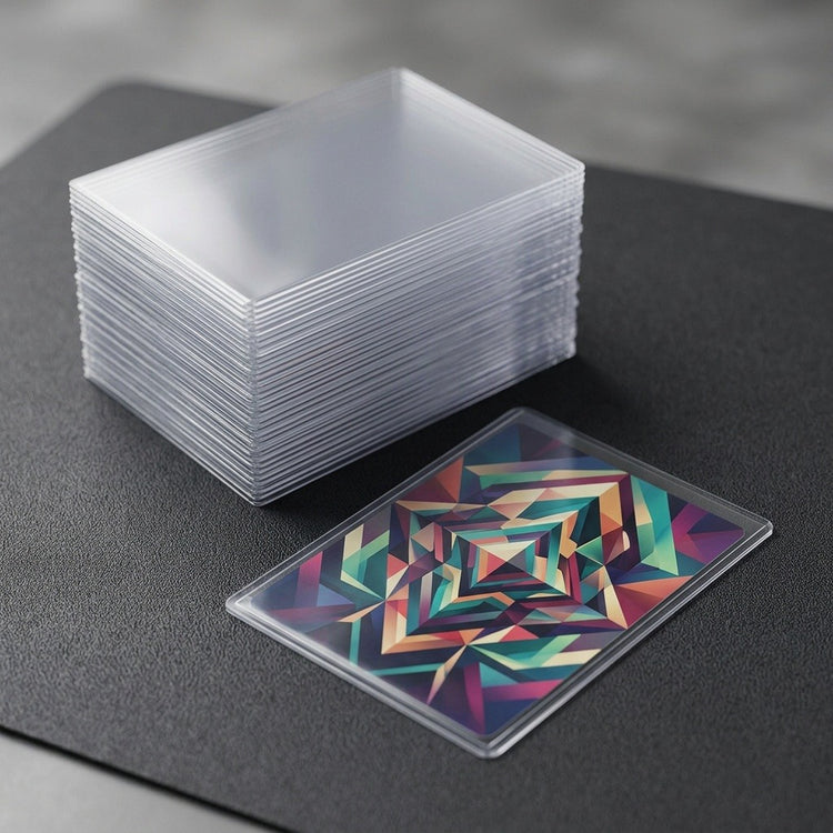 A stack of clear plastic card sleeves sits on a dark textured surface next to a single card sleeve containing a colorful geometric patterned card.