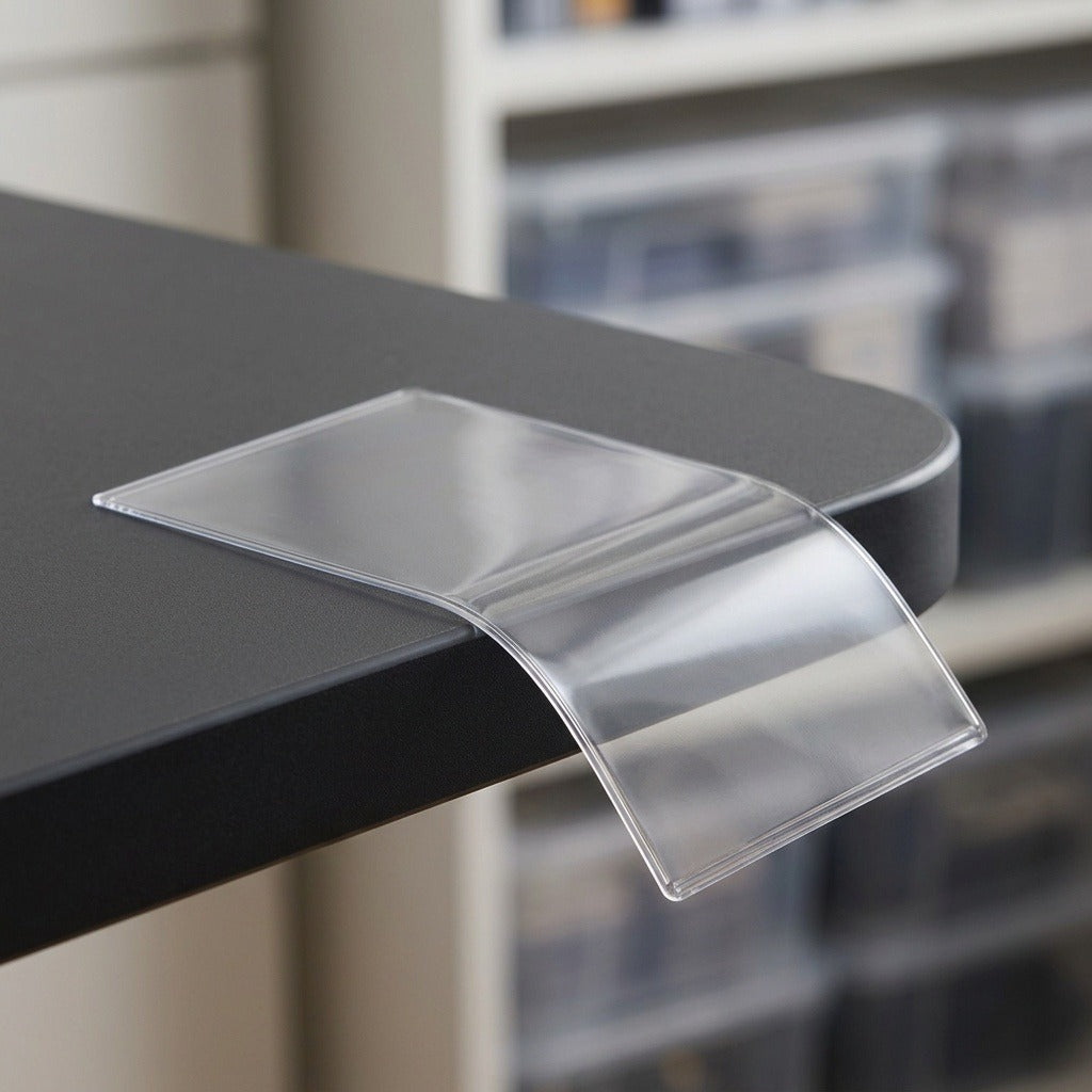 A clear flexible card sleeve bends over the edge of a dark gray table with blurred shelving behind.