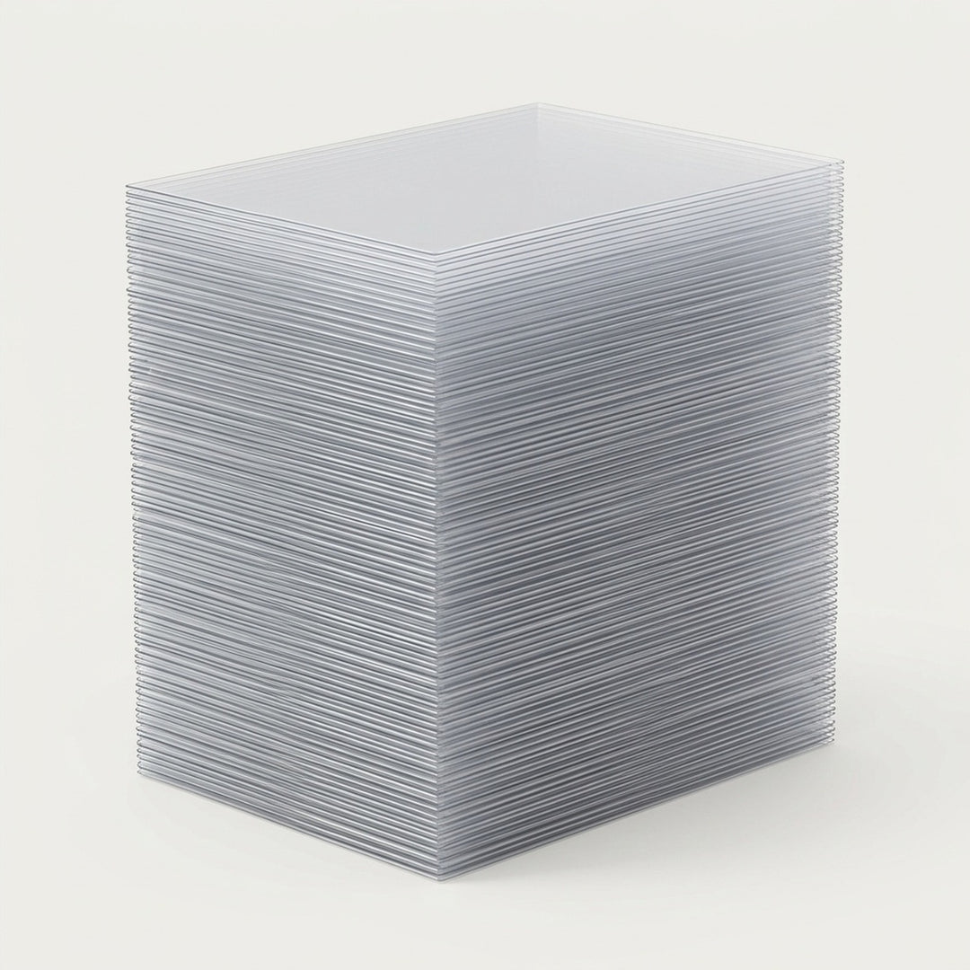 Clear plastic card sleeves form a tall, neatly aligned stack on a white studio background.