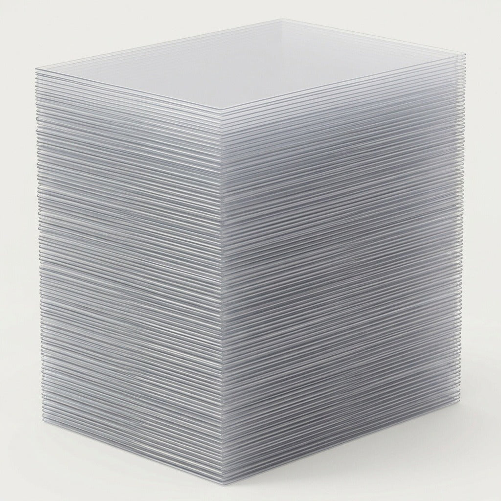 A tall stack of transparent card sleeves displays closely layered edges against a plain light background.