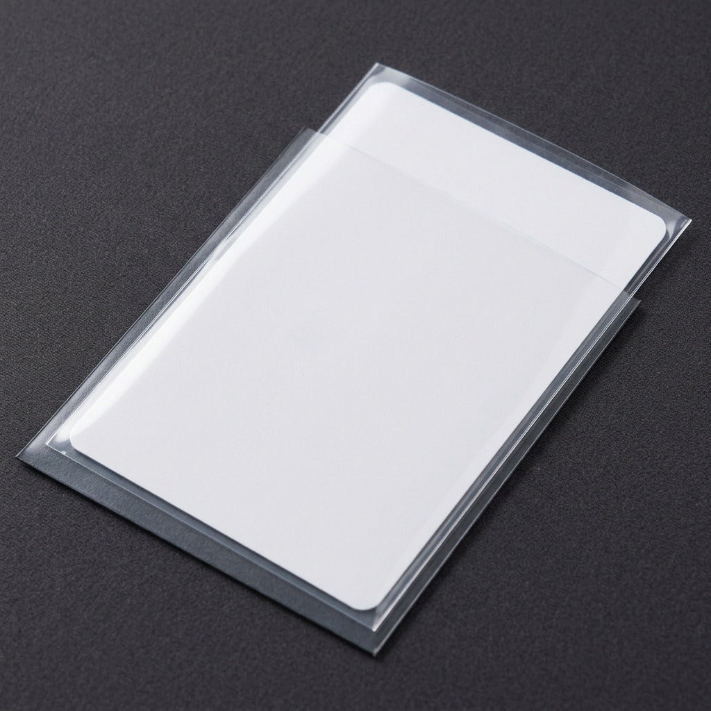 Clear plastic card sleeves hold a blank white card diagonally on a dark textured background.