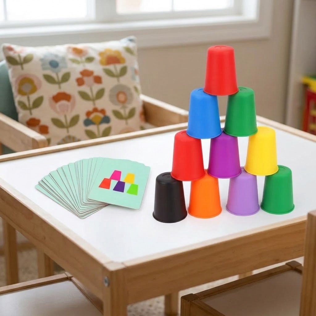 Cup stacking game with colorful plastic cups arranged in a pyramid beside fanned pattern cards on a white-topped wooden table.