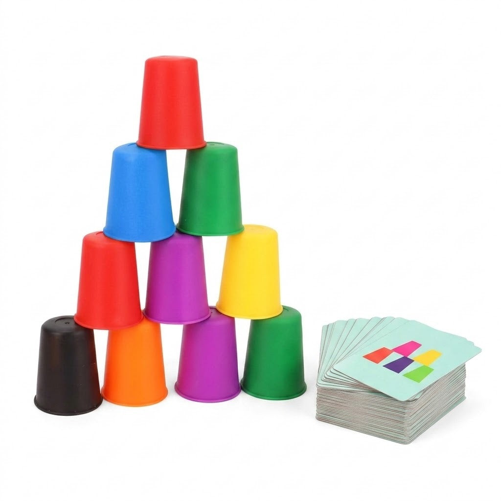 Cup stacking game with ten colorful plastic cups forming a pyramid beside a stack of pattern cards on a white background.