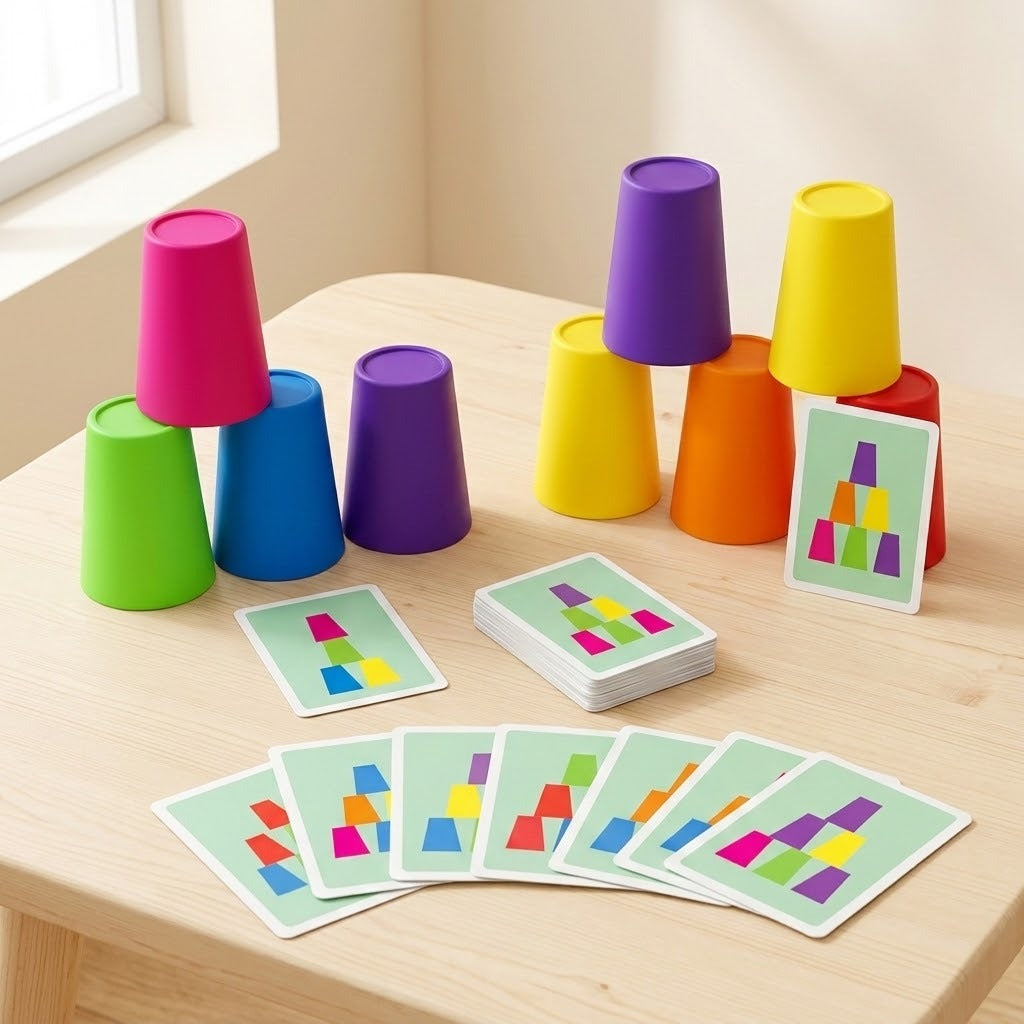 A colorful children's stacking card game set arranged on a light wood table near a window. The set includes multiple plastic cups in bright colors (pink, blue, purple, green, yellow, orange, red) and matching geometric instruction cards.