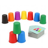 Cup stacking game with colorful plastic cups in a curved row and three-cup pyramid beside pattern cards on a white background.