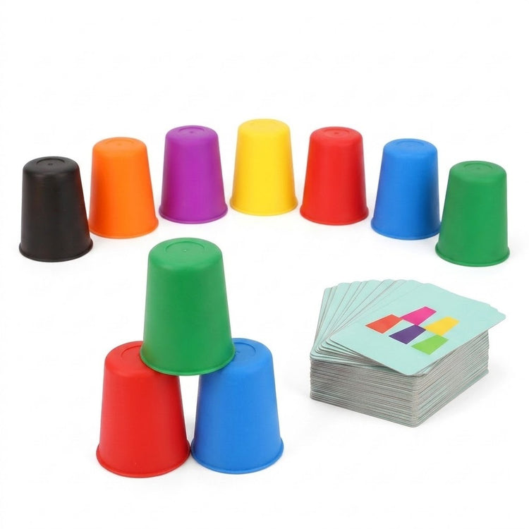 Cup stacking game with colorful plastic cups in a curved row and three-cup pyramid beside pattern cards on a white background.