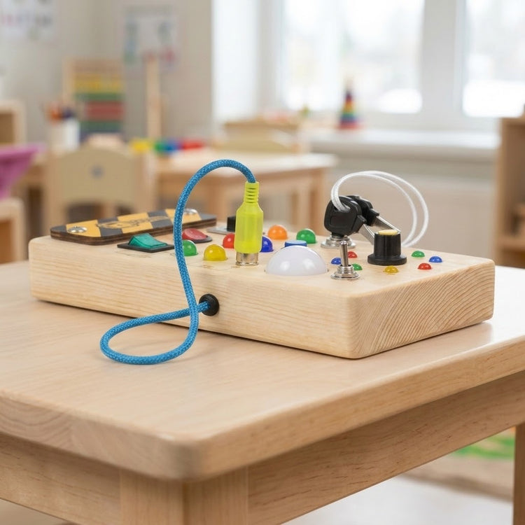 A natural wooden busy board with colorful lights, switches, and blue and white cords sits on a wooden classroom table.