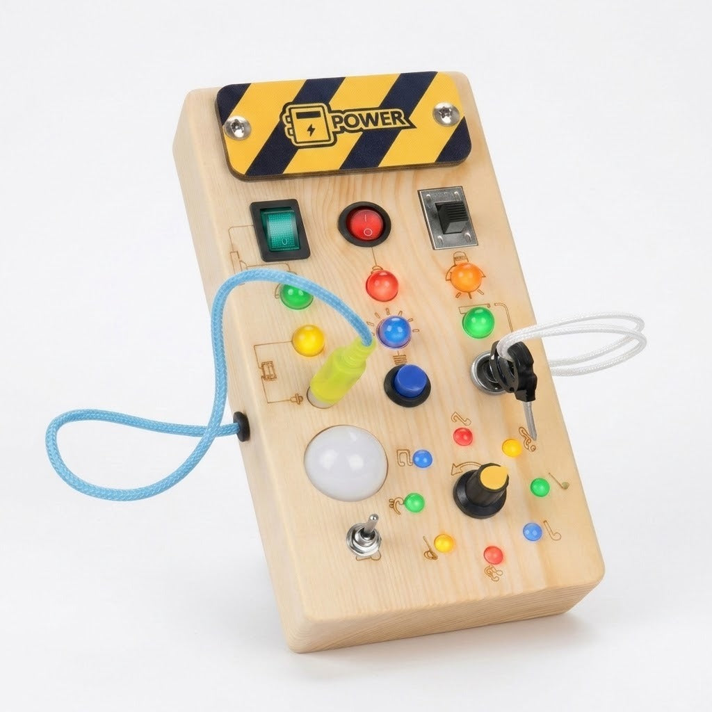 Pale wooden busy board with colorful lights, switches, keys, and a blue cord rests diagonally against a white background.