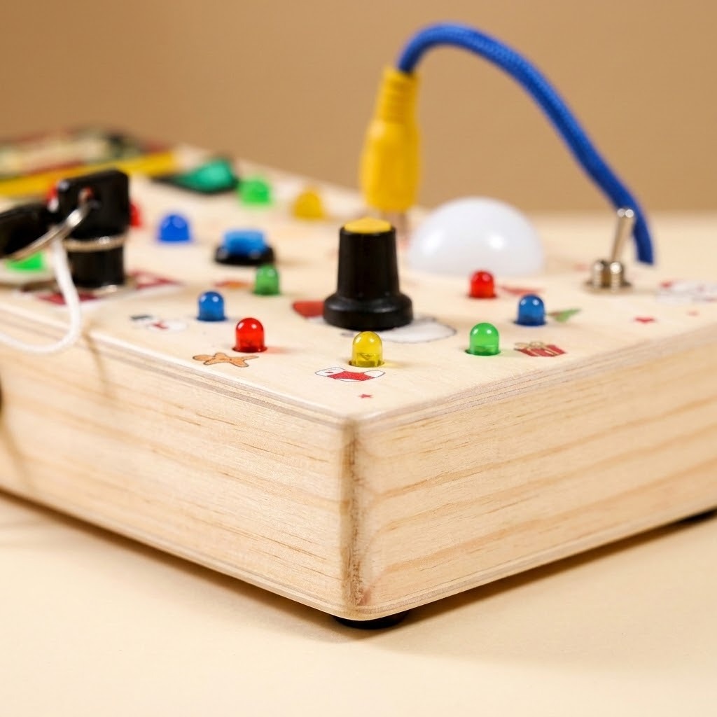 A close-up of a wooden busy board shows rounded edges, colorful lights, a black knob, and blue cord against a beige background.