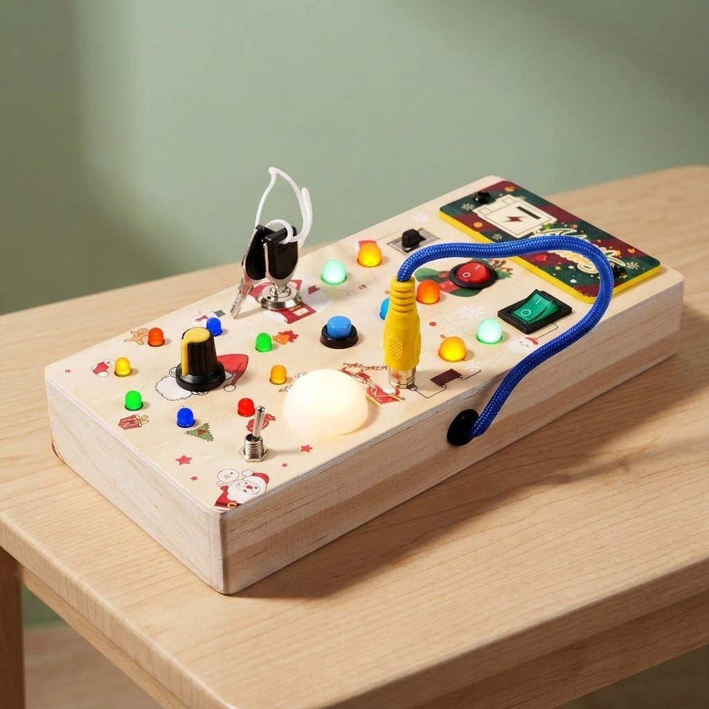 A wooden busy board with illuminated colorful lights, switches, keys, and a blue cord sits on a wooden table against a green wall.
