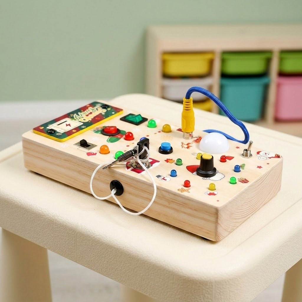 A wooden busy board with colorful controls, keys, and a blue cord rests on a cream table with storage bins behind it.