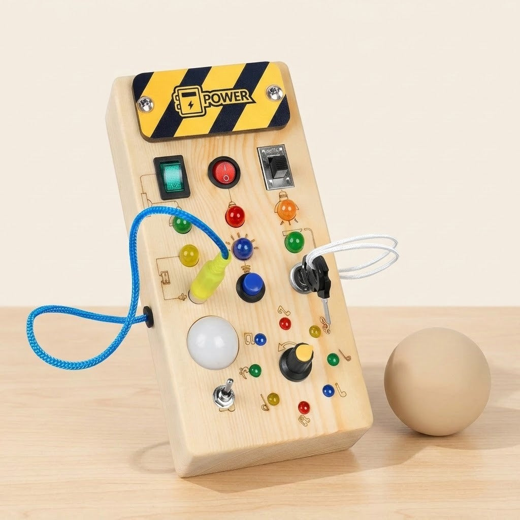 Wooden busy board with colorful lights, switches, and a blue cord stands beside a wooden sphere on a pale tabletop.