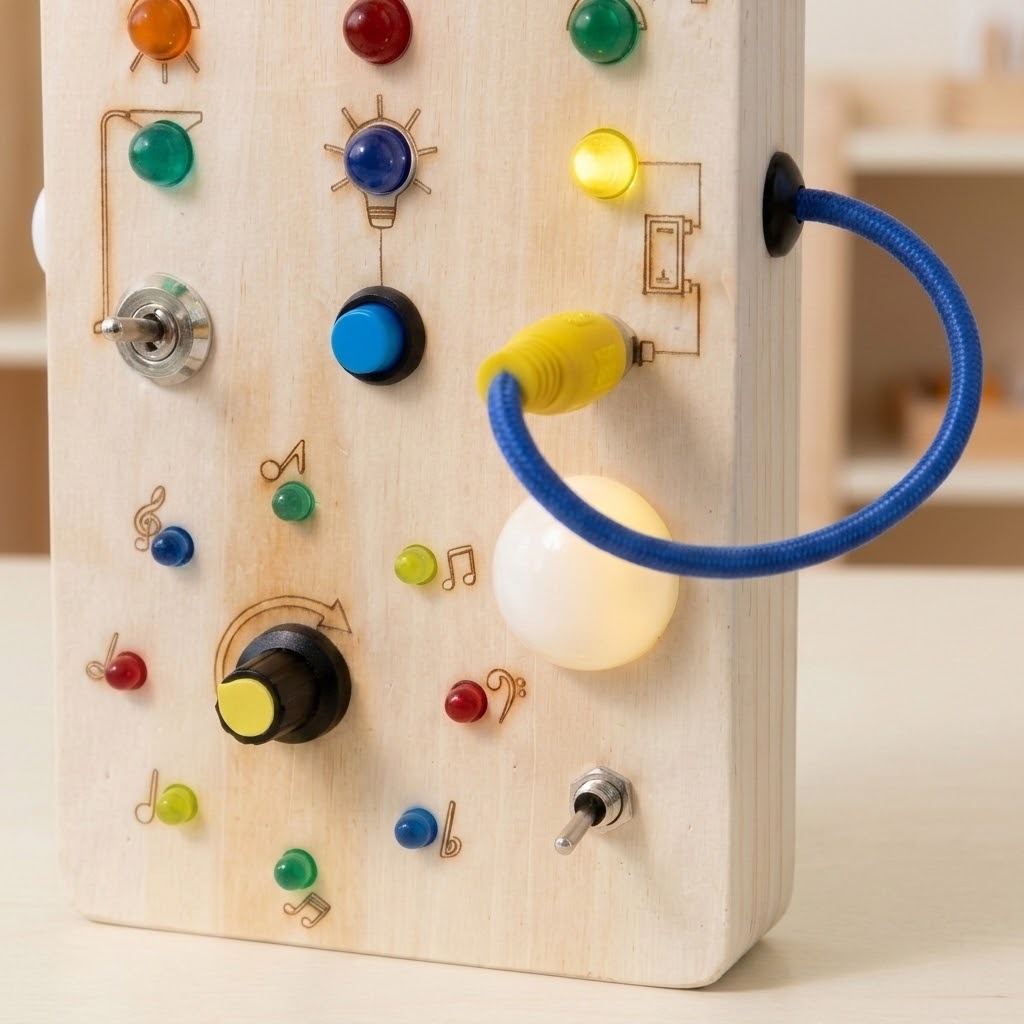 Close-up of a pale wooden busy board with glowing lights, musical symbols, switches, and a blue cord against blurred shelving.
