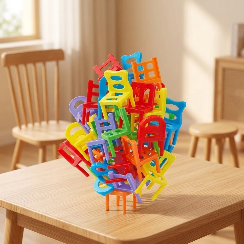 Multicolored plastic chair pieces from a stacking game form a tangled tower on a wooden table in a sunlit room.