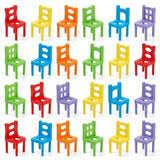Twenty-four plastic chair pieces for a stacking game stand in four rows, showing six bright colors against white.