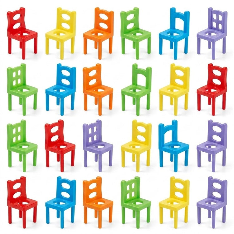 Twenty-four plastic chair pieces for a stacking game stand in four rows, showing six bright colors against white.