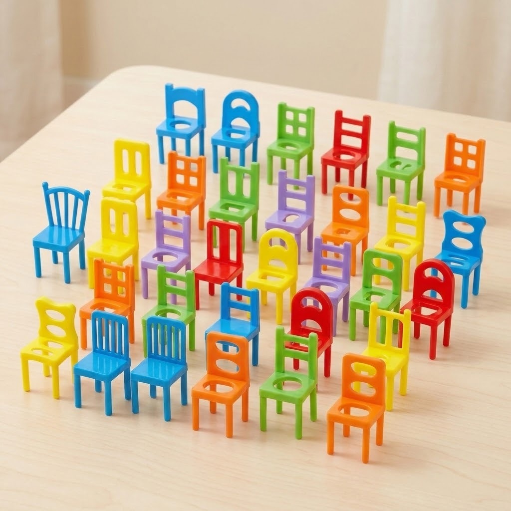 Colorful plastic chair pieces for a stacking game stand in staggered rows on a light wooden table, showing varied backrest designs.