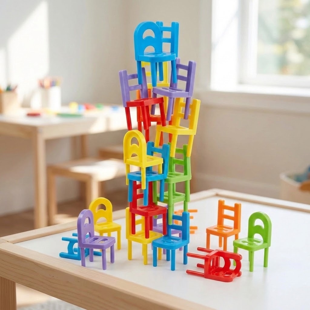 Chair stacking game with multicoloured plastic pieces forming a tall tower, surrounded by upright and fallen chairs on a white tabletop near a window.