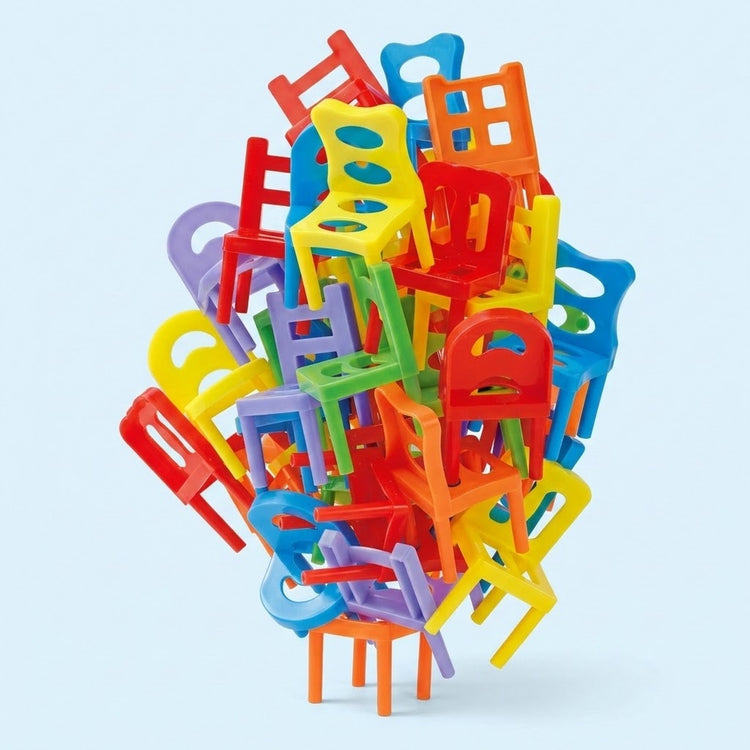 Chair stacking game with multicoloured plastic pieces featuring varied backrests, balanced in a tall, irregular tower against a pale blue background.