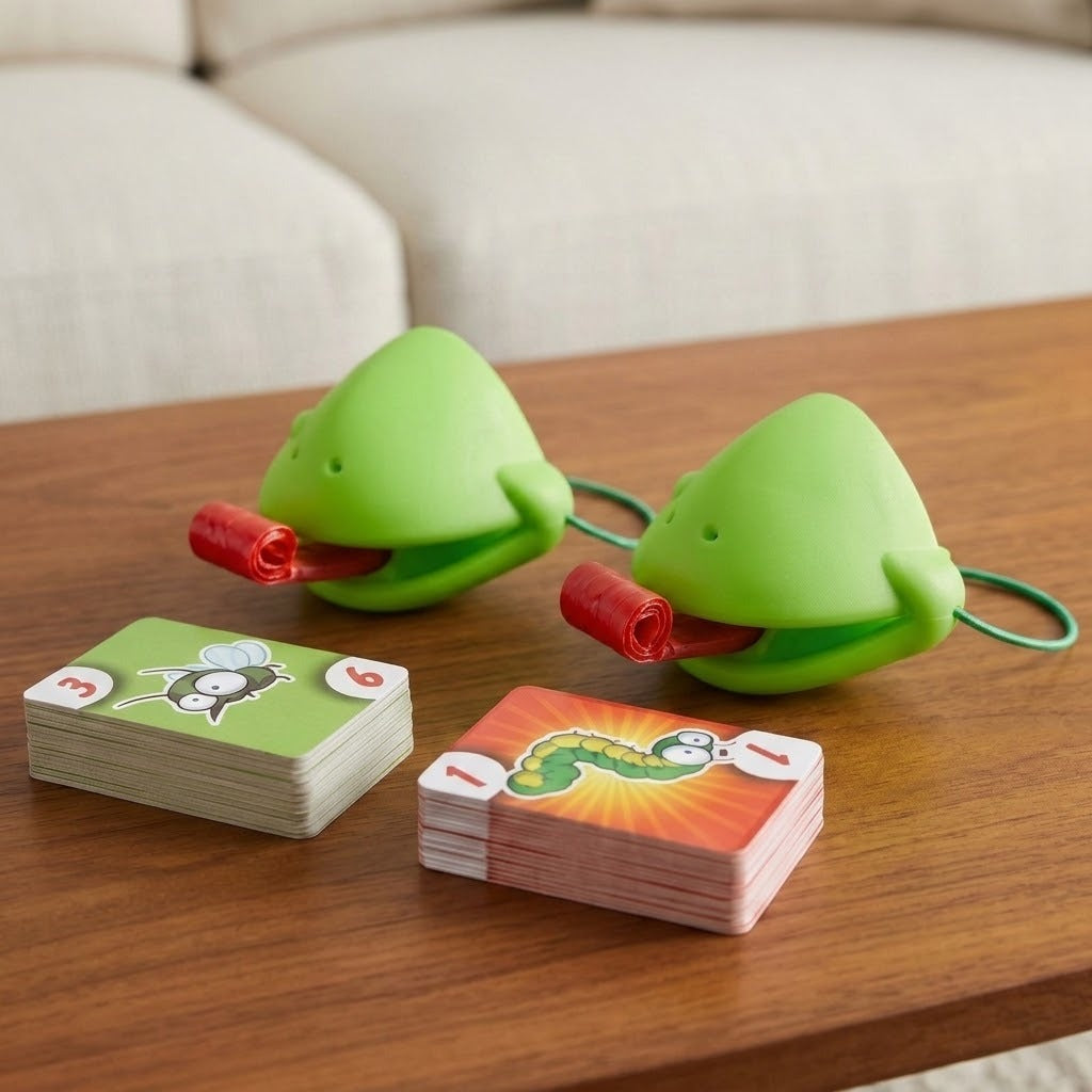 Frog tongue party game with two green masks, curled red tongues, and stacked insect cards on a wooden coffee table beside a cream sofa.
