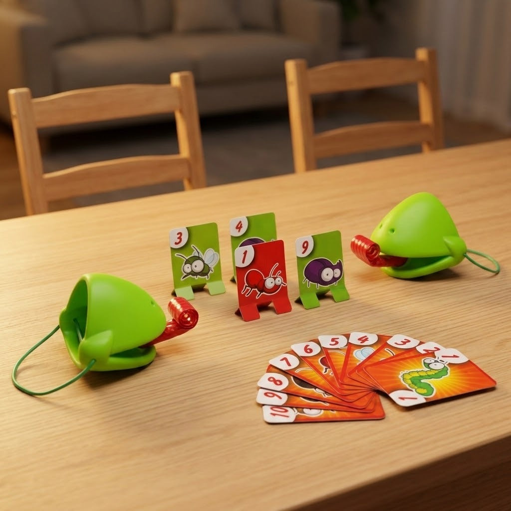 Frog tongue party game with two green masks, red tongues, upright insect targets, and orange numbered cards on a wooden table.