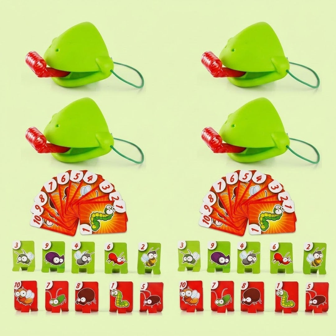 Four-player frog tongue party game with green masks, red tongues, two orange card fans, and twenty insect targets against a pale green background.