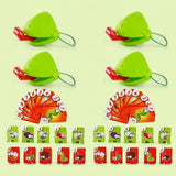 Four-player frog tongue party game with green masks, red tongues, two orange card fans, and twenty insect targets against a pale green background.