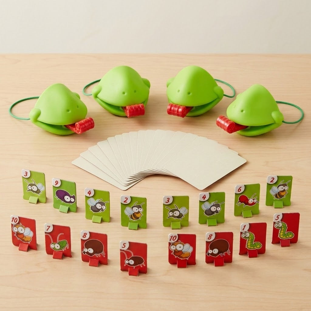 Frog tongue party game with four green masks, curled red tongues, fanned cream card backs, and numbered insect targets on a light wooden table.