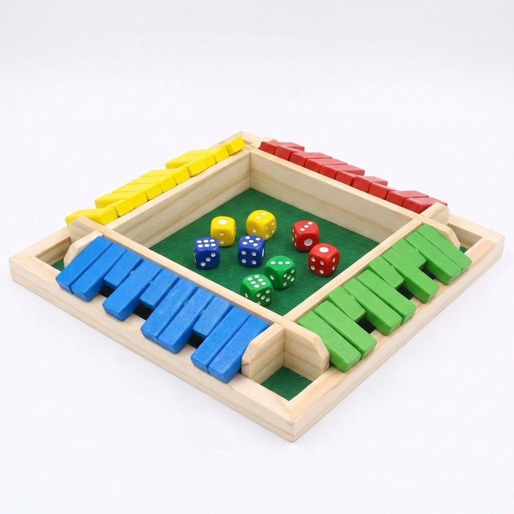 Three-quarter view of a multicolor wooden shut the box game with green felt and colored wooden dice on a white background.