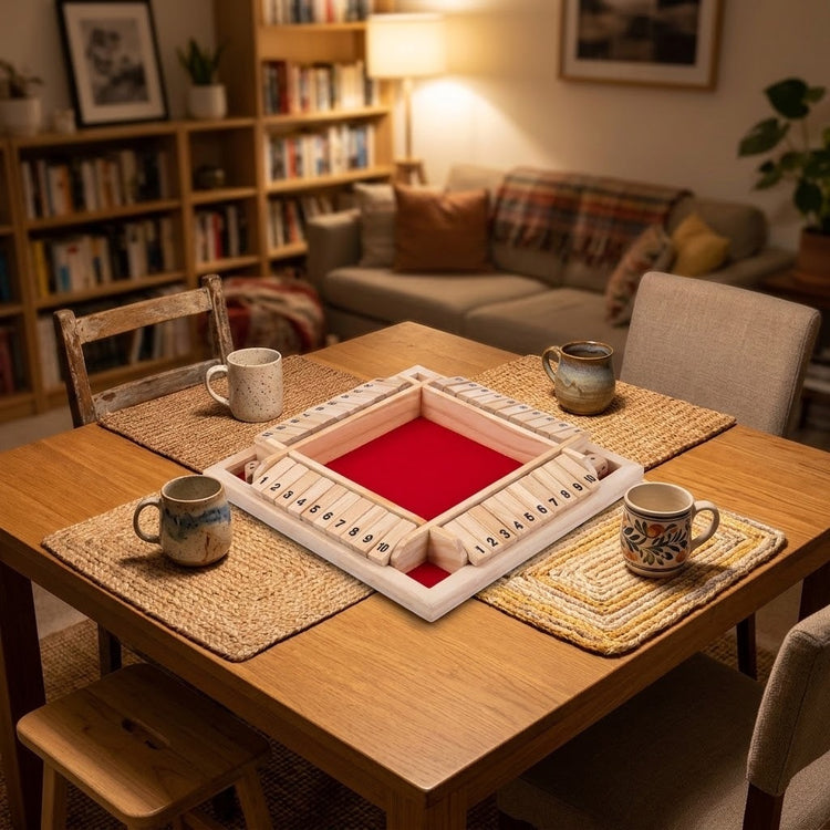 A light wooden shut the box dice game with red felt and numbered flaps sits on a dining table with woven placemats and mugs.