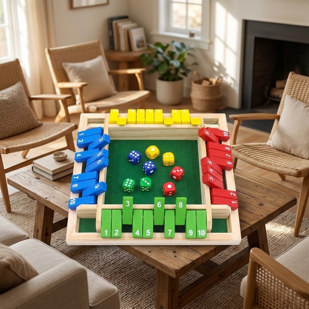 A multicolor four-player wooden shut the box game with colored dice on a rustic coffee table in a bright living room.
