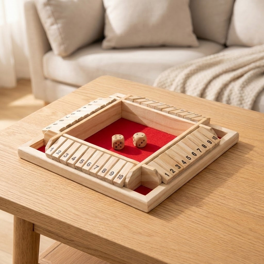 A natural wood shut the box game with red felt and two wooden dice on a light wooden side table near a cream sofa.