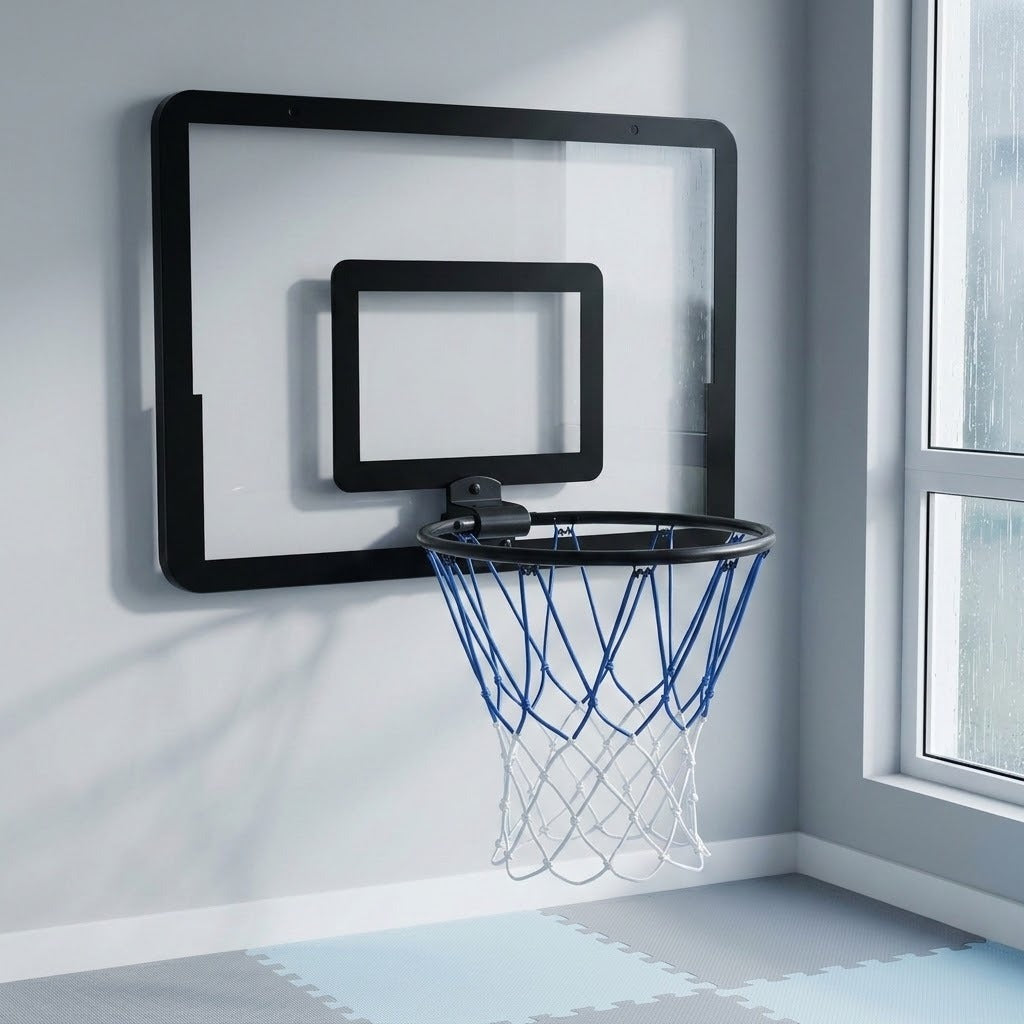 Black mini basketball hoop with a blue and white net mounted beside a window above interlocking foam floor mats.