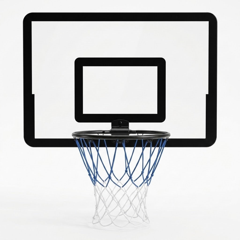 Front view of a black mini basketball hoop with a clear rectangular backboard and blue and white net against white.