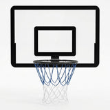 Front view of a black mini basketball hoop with a clear rectangular backboard and blue and white net against white.
