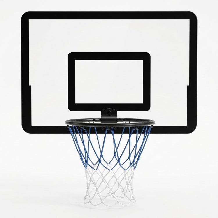 Front view of a black mini basketball hoop with a clear rectangular backboard and blue and white net against white.