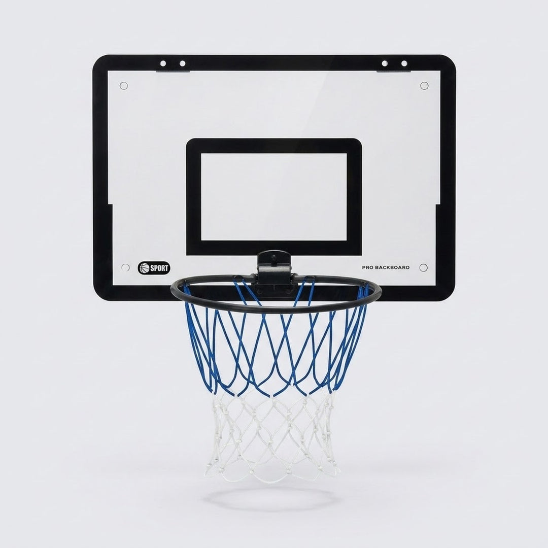 Basketball hoop with a clear black-bordered backboard, black rim and blue and white net appears against a light grey background.