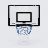 Basketball hoop with a clear black-bordered backboard, black rim and blue and white net appears against a light grey background.
