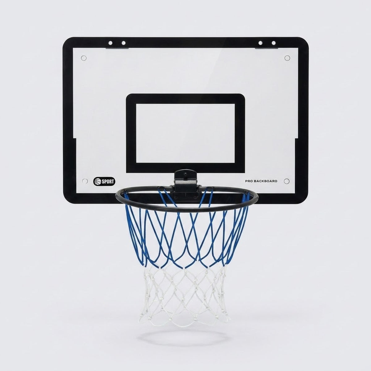 Basketball hoop with a clear black-bordered backboard, black rim and blue and white net appears against a light grey background.