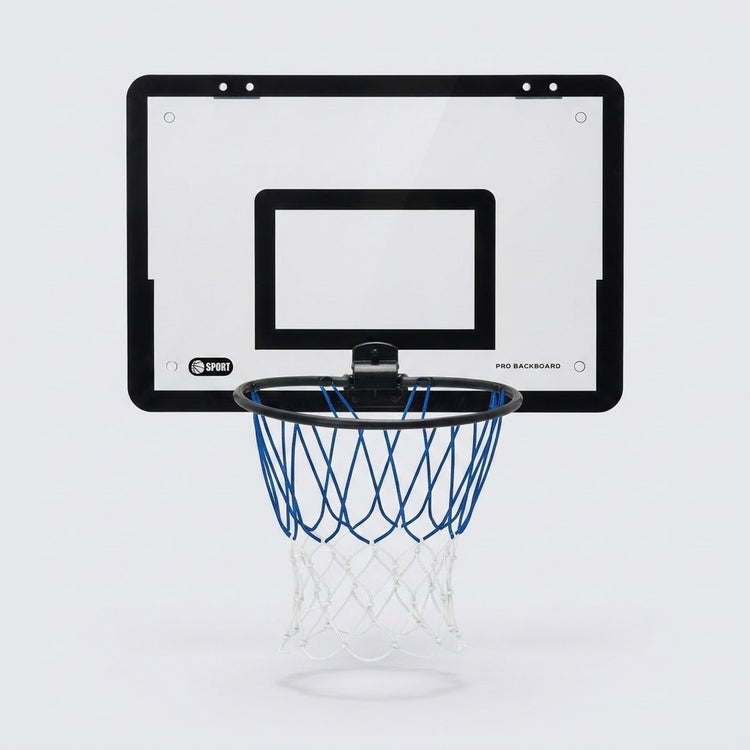 Basketball hoop with a clear black-bordered backboard, black rim and blue and white net appears against a light grey background.