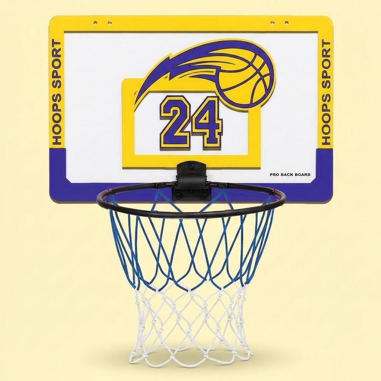 Yellow and purple basketball hoop displays number 24, a black rim and blue and white net against a pale yellow background.