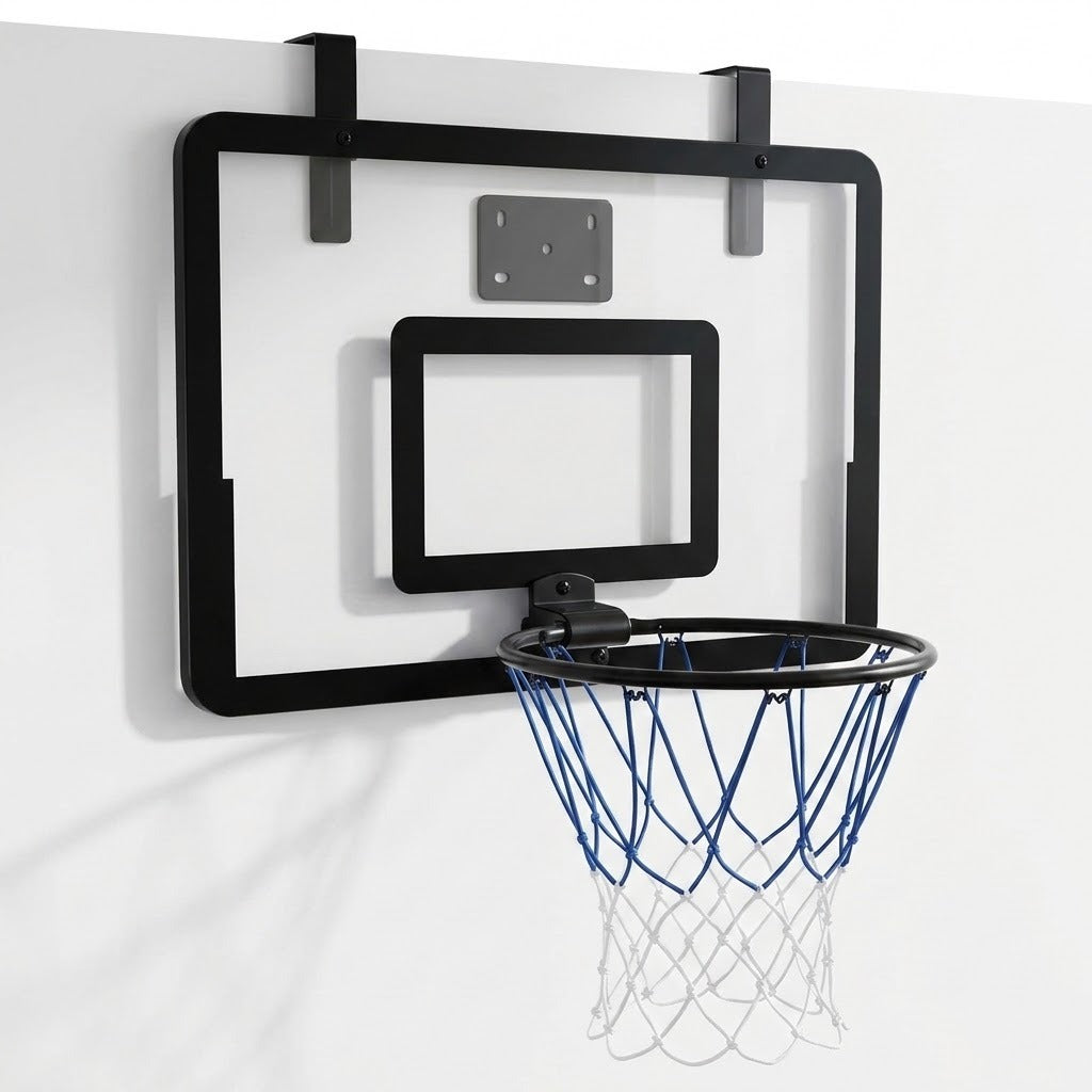 Black mini basketball hoop with blue and white net, two upper hanging brackets, and a gray mounting plate against white.