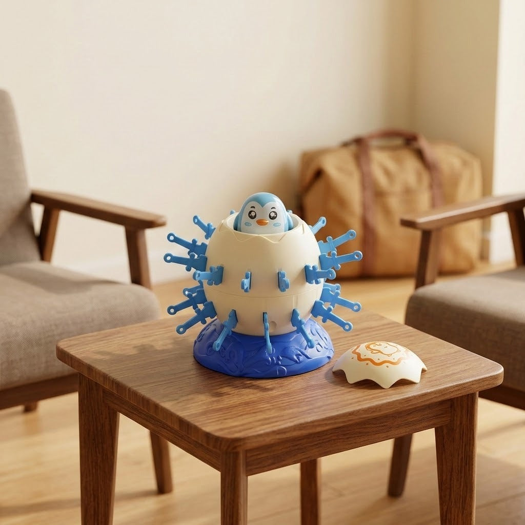 Penguin tabletop game with a cream egg-shaped barrel, blue swords and detached lid sits on a wooden table between upholstered chairs.