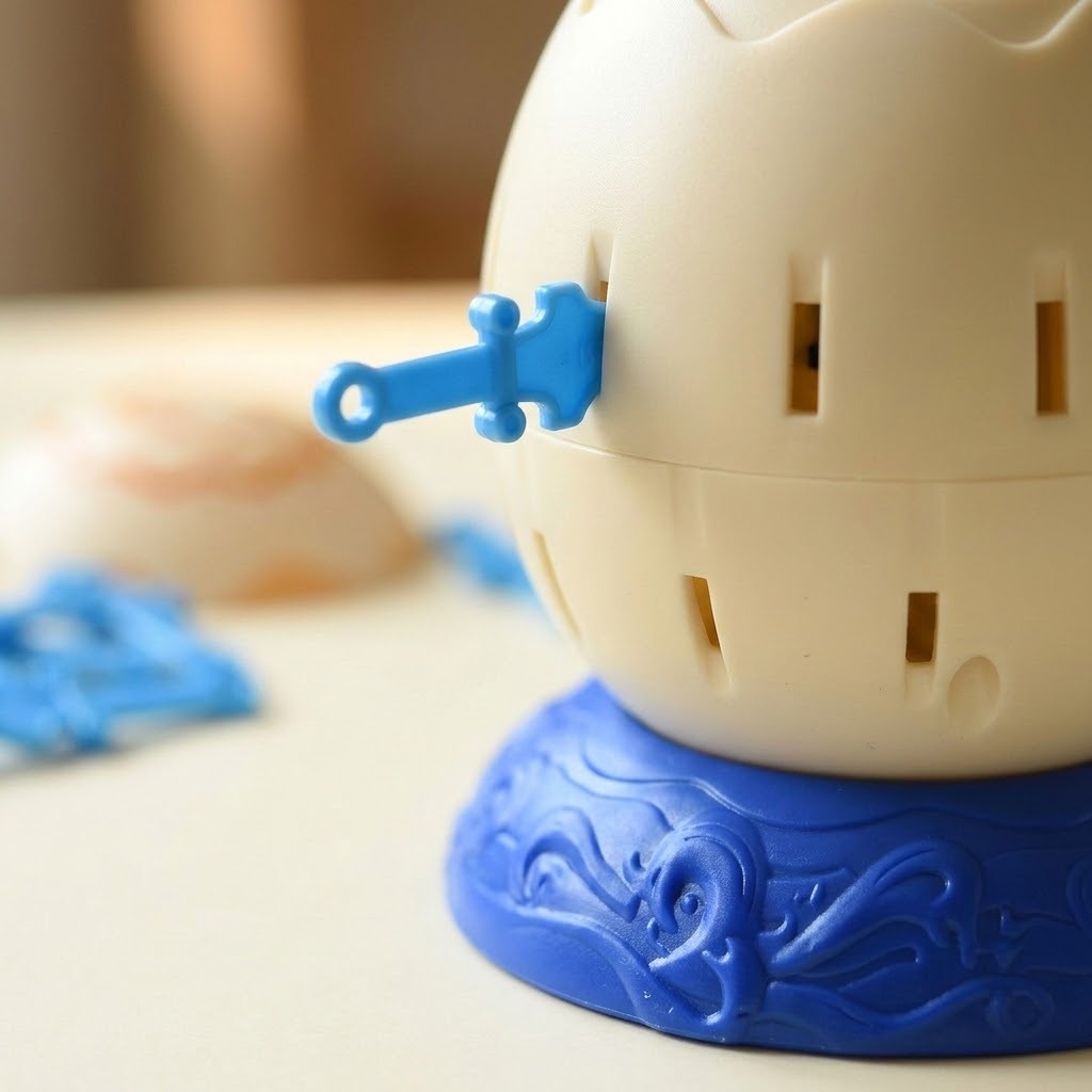 Tabletop game close-up shows a blue sword inserted into a cream barrel on a textured blue base, with loose pieces blurred behind.