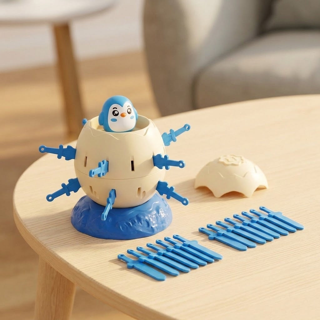 Penguin tabletop game with cream shell, blue base, inserted swords, detached lid, and spare swords on a round wooden table.