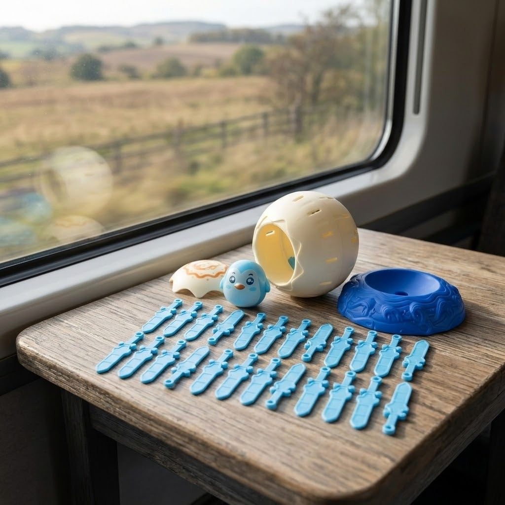 Disassembled tabletop game with cream shell, blue penguin, base, and swords arranged on a wooden table beside a window.