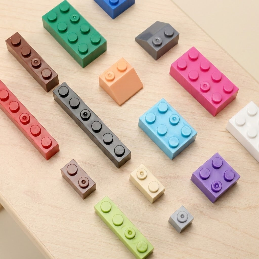 Colorful plastic building blocks with round studs, rectangular shapes, and a sloped piece lie separately on a pale wooden tabletop.