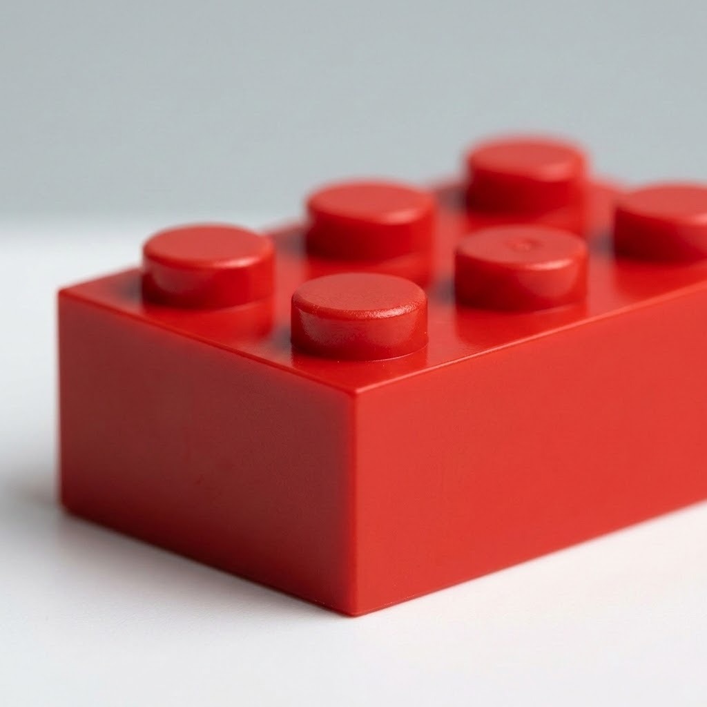 A red plastic building block has raised circular studs and smooth sides, shown close up against a pale gray background.