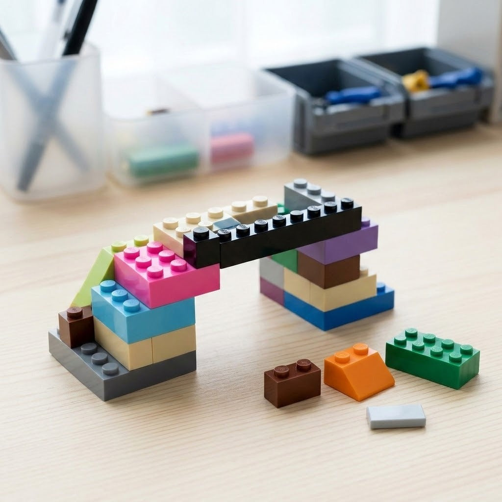 Multicolored plastic building blocks form a bridge beside loose pieces on a wooden desk with storage containers in the background.